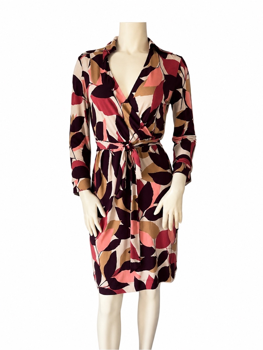 Vintage New York & Co Multicolor Leaf Print V Neck Wrap Dress. Size Small.